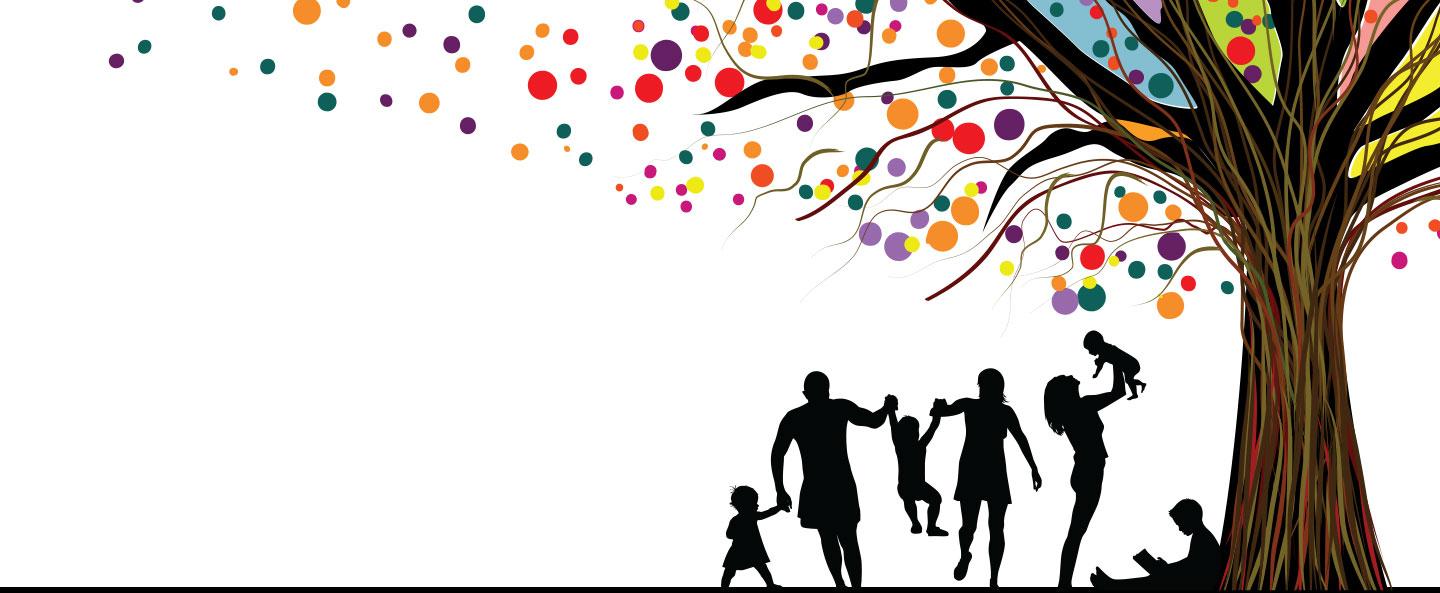 silhouette of a family playing together under a tree